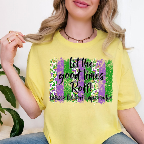 Let The Good Times Roll Brushstrokes DTF Heat Transfer, a colorful design on a yellow T-shirt with purple, green, and leopard print elements.