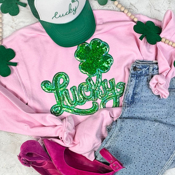 Retro Lucky Sequins Patch, green glitter shamrock and 'Lucky' text patch for clothing decoration.