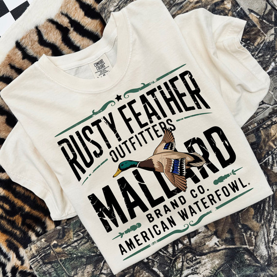 Rusty Feather Outfitters Mallard Brand Co DTF Heat Transfer, printed on a white T-shirt with a mallard duck graphic and text design.