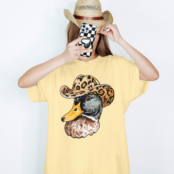 Faux Rhinestone Leopard Cowboy Hat Duck DTF Heat Transfer