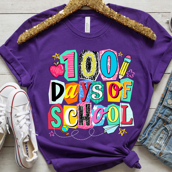 Retro 100 Days Of School DTF Heat Transfer, colorful and playful graphic design celebrating 100 days of school on a purple T-shirt.