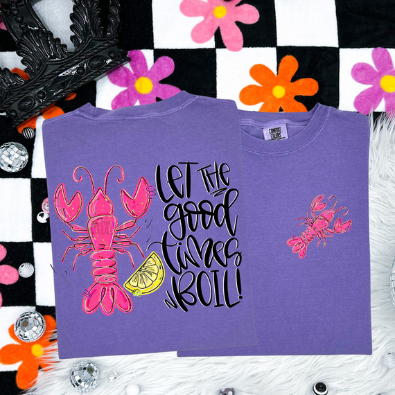 Let The Good Times Boil SET DTF Heat Transfer, purple T-shirts with lobster, lemon slice, and crawfish designs on a colorful background.