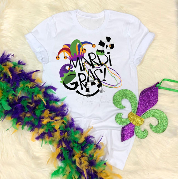 Jester Hat Black and White Mardi Gras Sublimation Transfer, vibrant jester hat with monochrome pattern on a white t-shirt featuring Mardi Gras design elements.