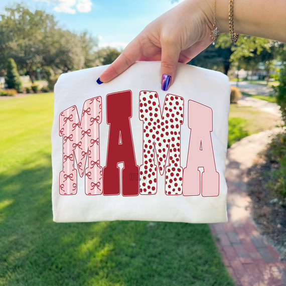 Mama Valentine Pattern DTF Heat Transfer, colorful and patterned letter design on a white fabric.
