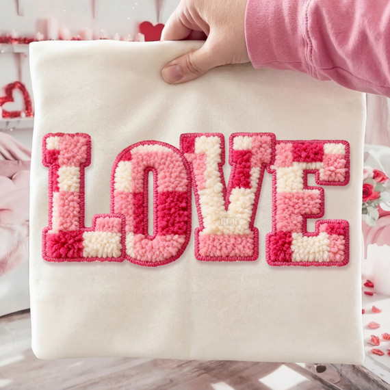 Faux Chenille Checkered Love DTF Heat Transfer