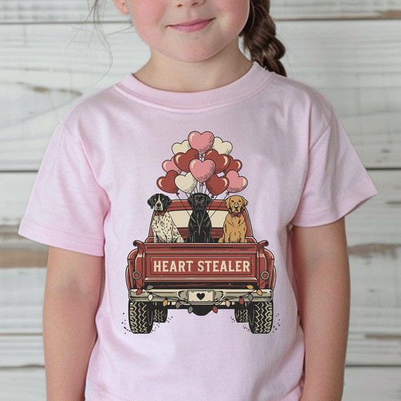 Heart Stealer Puppy Truck DTF Heat Transfer, graphic design of three adorable puppies in a red truck with heart-shaped balloons, on a young girl's pink t-shirt.