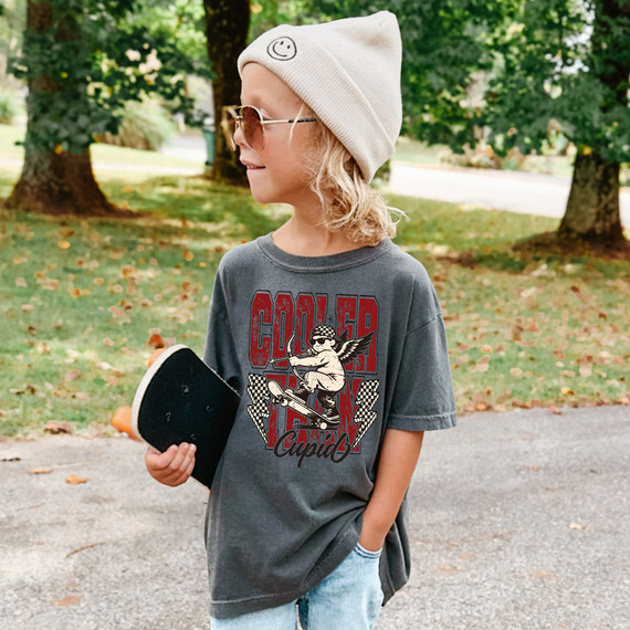 Cooler Than Cupid Skateboard DTF Heat Transfer, product image of a skateboard with a design.