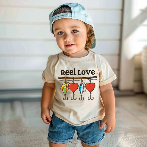 Reel Love Fishing Hearts DTF Heat Transfer, a young boy wearing a T-shirt with fishing hooks, hearts, and fish-themed design, showcasing the product in a casual outdoor setting.