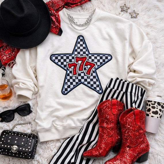 777 Checkered Star Sequin Patch, fashion clothing and accessories, featuring a white sweatshirt with a star patch decorated with checkered pattern and red sevens, paired with red glittery boots, striped pants, and various fashion items.