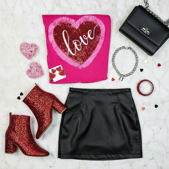 Love Sequin Heart + Fringe Trim Patch, product flat lay with red sequined ankle boots, pink love heart-embroidered T-shirt, black leather skirt, black handbag, statement necklace, red glitter bracelet, and heart-shaped confetti for Valentine's Day.