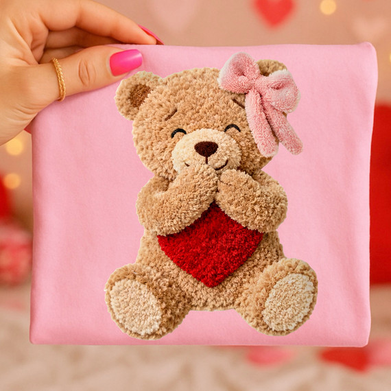 Faux Yarn Valentine Teddy Bear DTF Heat Transfer