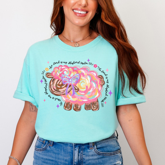 The Lord Is My Shepherd Brushstroke Lamb DTF Heat Transfer, colorful artistic design of a fluffy lamb with a purple bow on its head, surrounded by inspirational scripture and decorative stars.