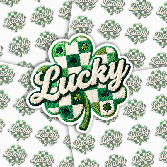 Faux Yarn Checkered Lucky Sticker Sheet, embroidered sticker featuring a four-leaf clover and the word 'Lucky' in green and white checkered design.