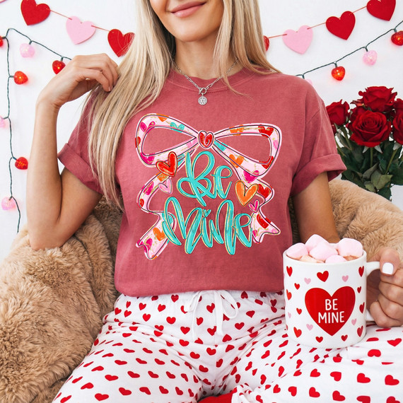 Be Mine Heart Oversized Bow DTF Heat Transfer, colorful design featuring a large bow with hearts and the words 'Be Mine' in vibrant colors.