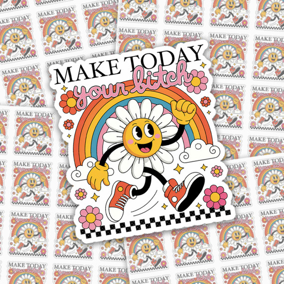 Make Today Your Bitch Sticker Sheet, colorful sticker featuring a smiling sun character with flowers, rainbows, clouds, and cheerful vibe.