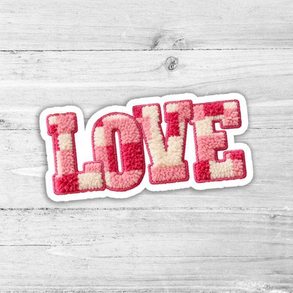 Faux Chenille Checkered LOVE Die Cut Sticker, pink and white checkered plush love word sticker on white wooden background.