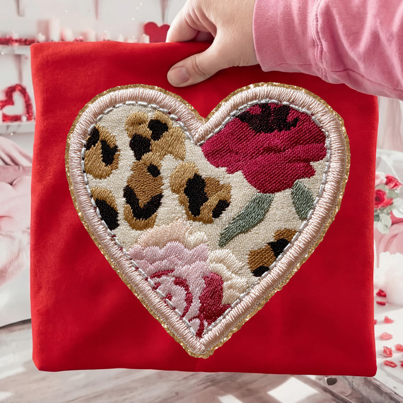 Faux Embroidered Floral Leopard Heart DTF Heat Transfer