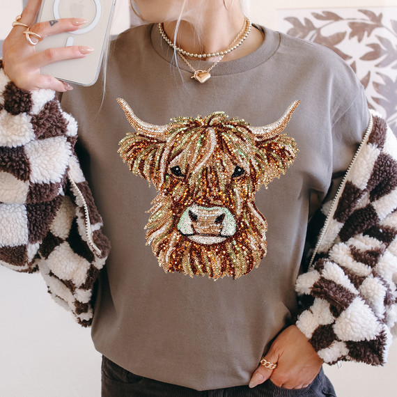 Faux Sequin Highland Cow DTF Heat Transfer