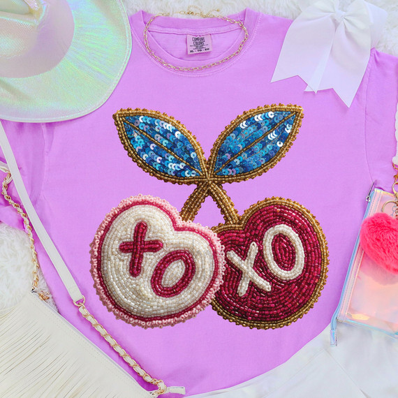 Faux Beaded and Sequin XOXO Cherries DTF Heat Transfer