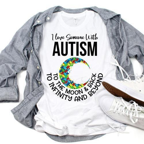Autism Awareness Love You To The Moon Sublimation Transfer, a T-shirt with colorful puzzle piece moon and heartfelt message for autism acceptance.