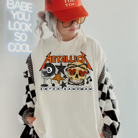 Metal Band Tee DTF Heat Transfer, a graphic t-shirt featuring metallic band design with skull, roses, and musical elements.