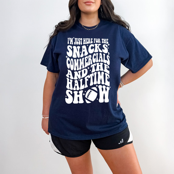 I’m Just Here for the Snacks, Commercials & the Halftime Show WHITE DTF Heat Transfer