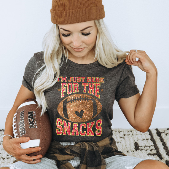 Faux Glitter I'm Just Here For The Snacks Heart Football DTF Heat Transfer