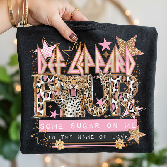 Pour Some Sugar On Me DTF Heat Transfer t-shirt with leopard print cheetah graphic and pink and gold star accents.