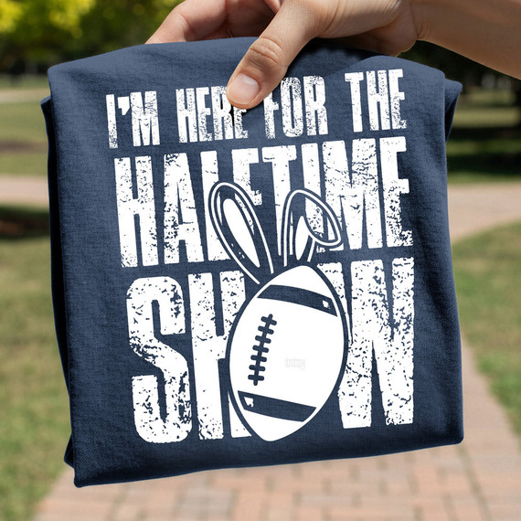 I'm Just Here For The Halftime Show Bunny WHITE DTF Heat Transfer, a white heat transfer design with a bunny and football graphic on a navy blue fabric.