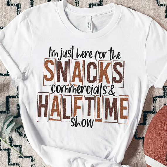 Faux Glitter I’m Just Here for the Snacks, Commercials & the Halftime Show DTF Heat Transfer