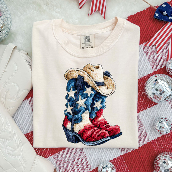 Faux Yarn Patriotic Cowboy Boots DTF Heat Transfer