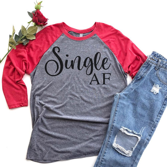 Single AF FINAL STOCK Screen Print Heat Transfer T-shirt, gray and red raglan baseball-style shirt with stylish 'Single AF' design.