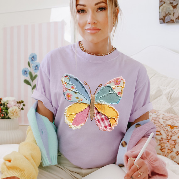 Faux Patchwork Spring Butterfly DTF Heat Transfer