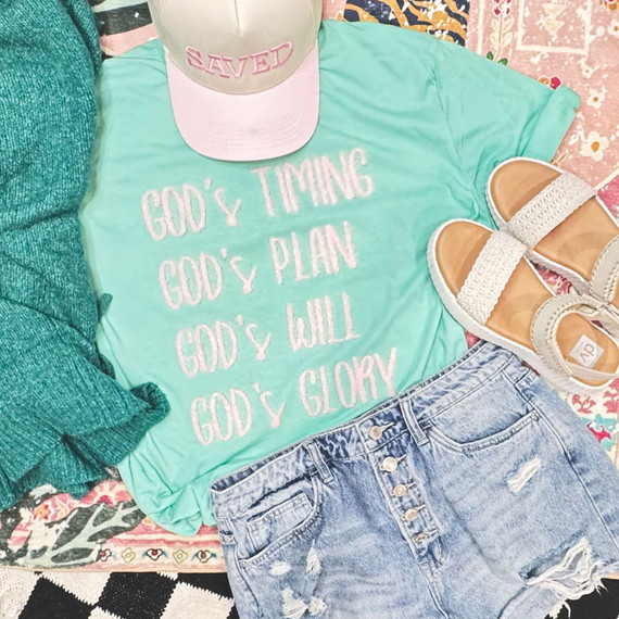 God’s Will fluffy chenille patch heat pressed onto a shirt for faith-based boutique apparel