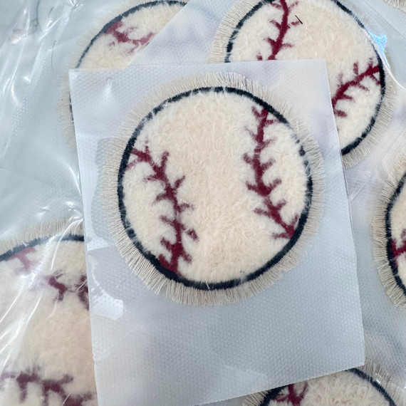 3 inch fluffy chenille baseball patch designed for heat pressing onto hats