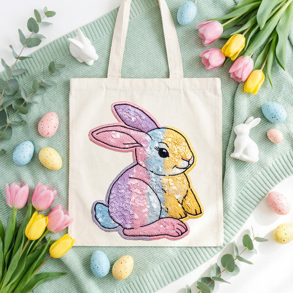 Faux Sequins Pastel Bunny DTF Heat Transfer, colorful sequin bunny design on a tote bag.