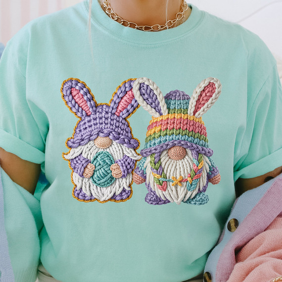 Faux Yarn Easter Gnomes DTF Heat Transfer, colorful embroidered Easter gnome design on a mint green T-shirt