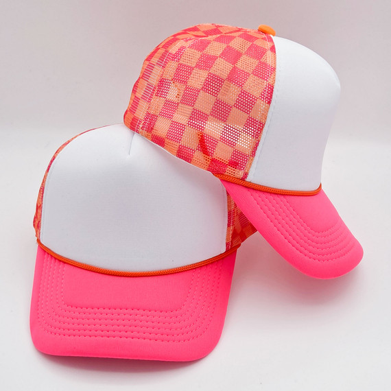 Neon Pink, Orange & White Checkered Foam Trucker Hat