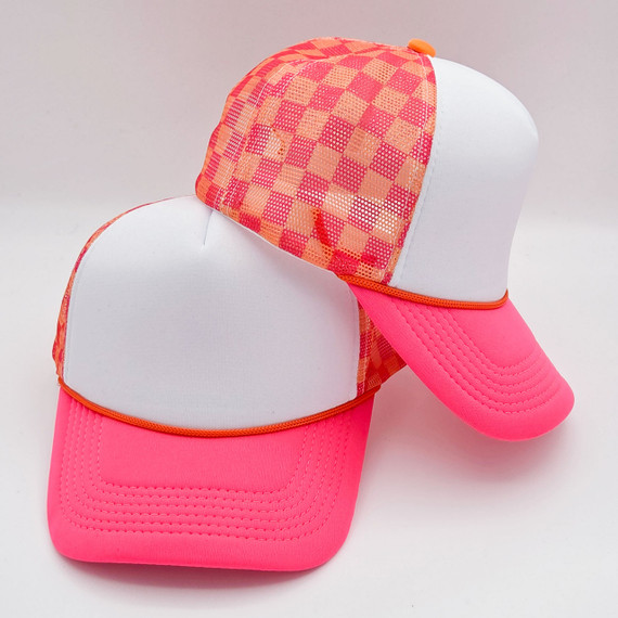 Neon Pink, Orange & White Checkered Foam Trucker Hat, color block design with mesh panels and curved brim.