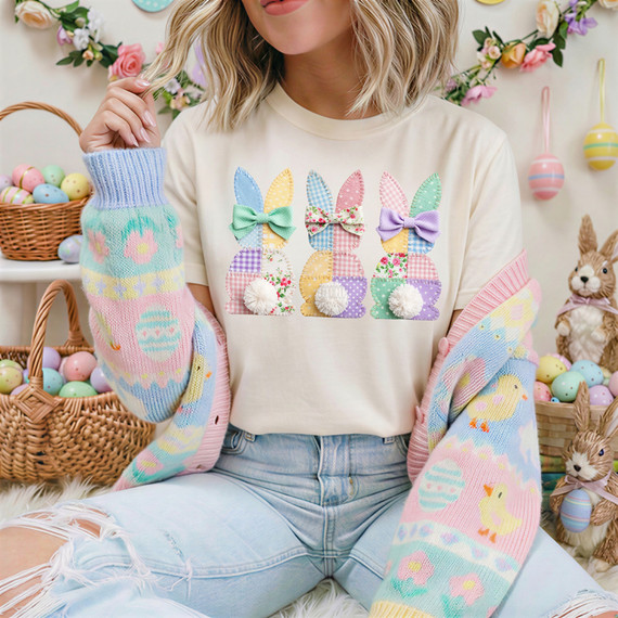 Faux Patchwork Bunny Trio DTF Heat Transfer