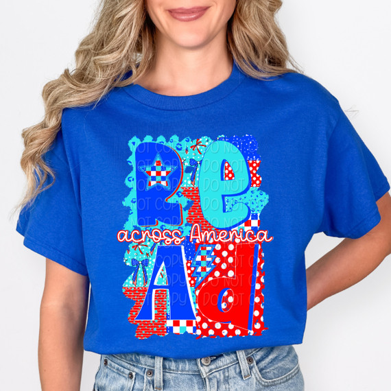 Patterned Read Across America DTF Heat Transfer, colorful patriotic-themed design on a blue t-shirt.