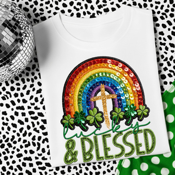 Lucky And Blessed DTF Heat Transfer, colorful rainbow with sequins and shamrock decorations on a white t-shirt.