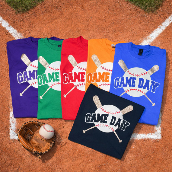 Game Day Baseball Chenille Fluffy Patch, colorful T-shirts with baseball and bat design on a baseball field.