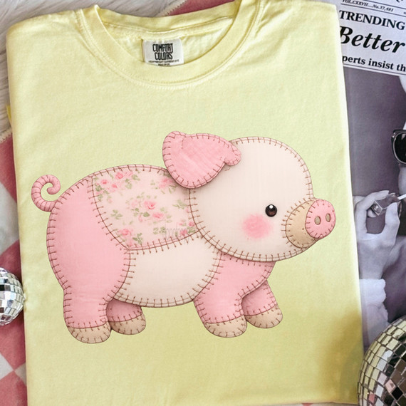 Faux Stitch Patchwork Pig DTF Heat Transfer, cartoon pig design on a yellow T-shirt