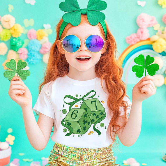Lucky 6 7 Dice with Bow DTF Heat Transfer, colorful festive Lucky St. Patrick's Day themed image with girl holding green shamrocks.
