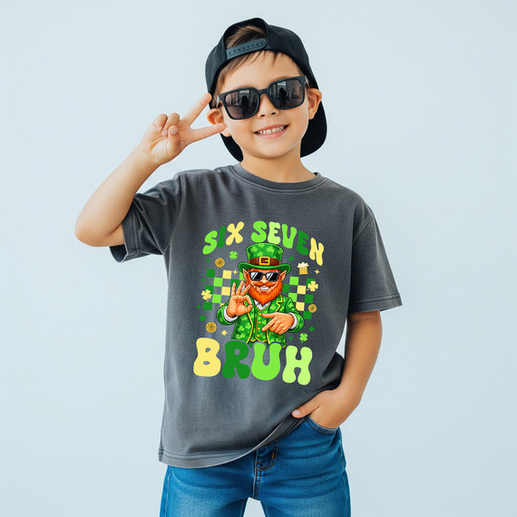 Six Seven Bruh Checkerboard Leprechaun DTF Heat Transfer, illustrated leprechaun wearing sunglasses, plaid hat, and green suit with checkerboard background, suitable for custom apparel.