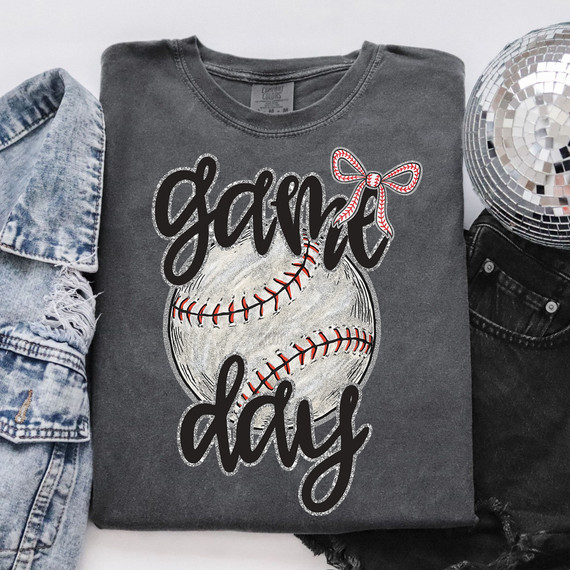 Faux Glitter Baseball Game Day DTF Heat Transfer, a gray t-shirt with a baseball design and text 'Game Day' with decorative glitter effect.