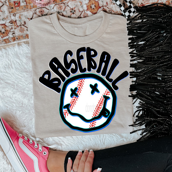 Grunge Baseball Happy Face DTF Heat Transfer