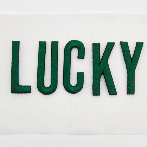 LUCKY PUFF Embroidered HAT/POCKET Patch, vibrant green embroidered patch with the word 'LUCKY' in capital letters.