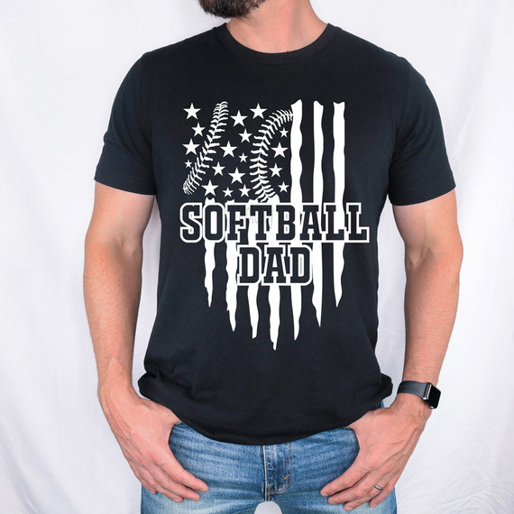 Softball Dad Flag DTF Heat Transfer, black t-shirt with bold white graphic design featuring American flag elements and the text 'Softball Dad'.